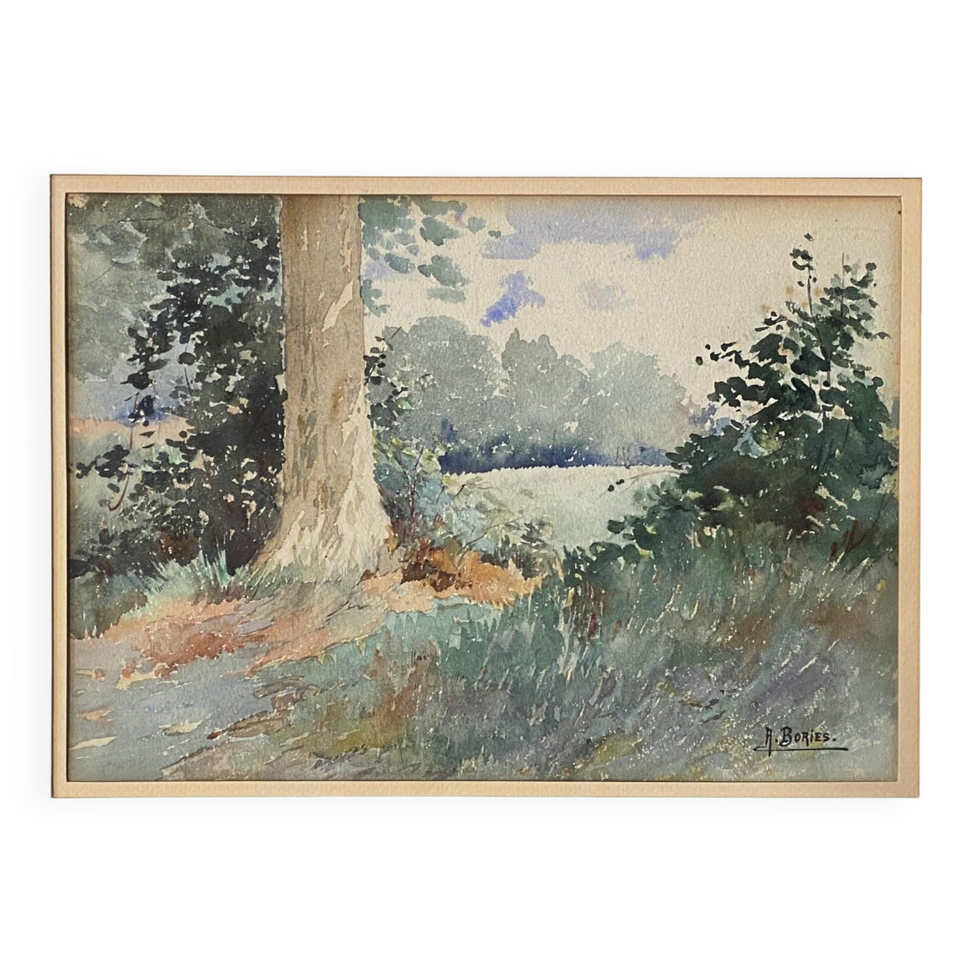 Tableau aquarelle A. Bories "Paysage de prairie arborée" + cadre