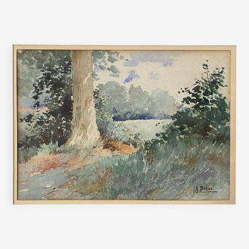 Tableau aquarelle A. Bories "Paysage de prairie arborée" + cadre