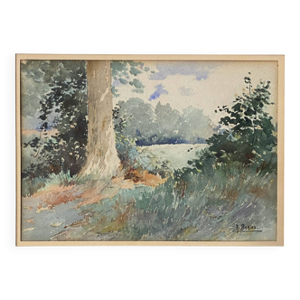 Tableau aquarelle A. Bories "Paysage de prairie arborée" + cadre