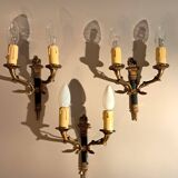 Set of 3 Empire style wall lights in bronze and gilded and green lacquered brass, Circa 1950.