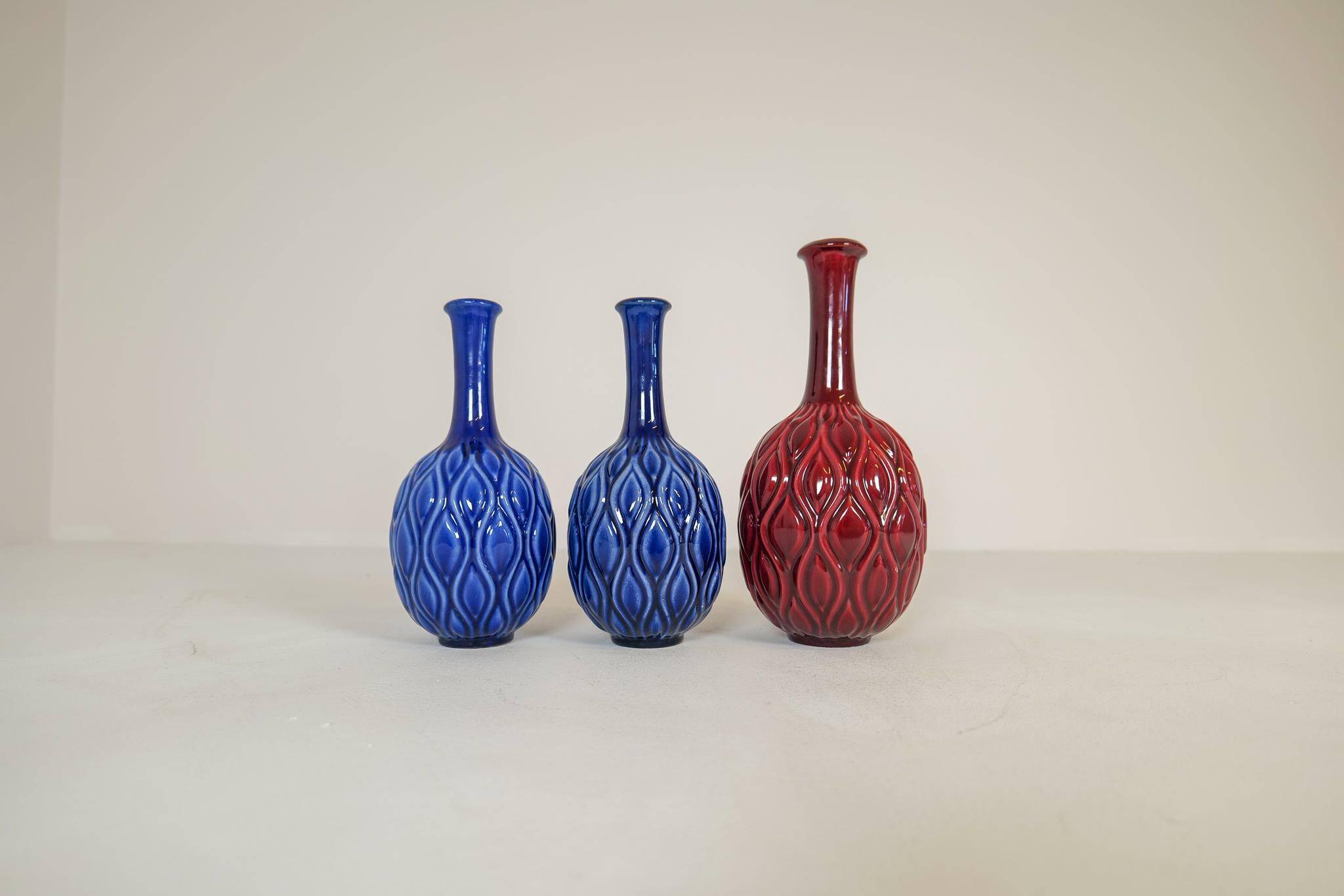 Blue and red peacock vases Midcentury Sven Erik Skawonius Upsala Ekeby, 1950s