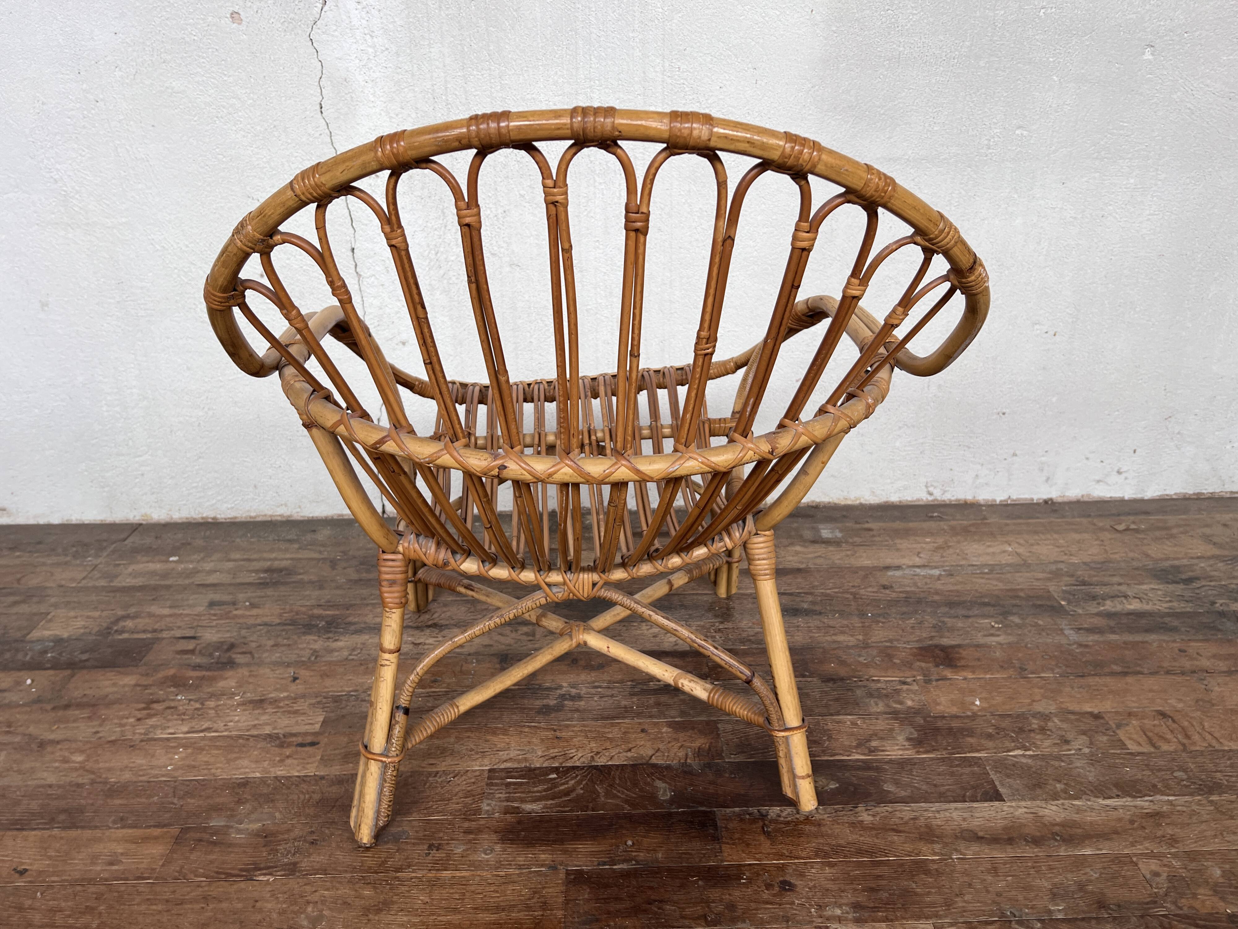 Fauteuil bohème shabby chic en rotin bambou 1950
