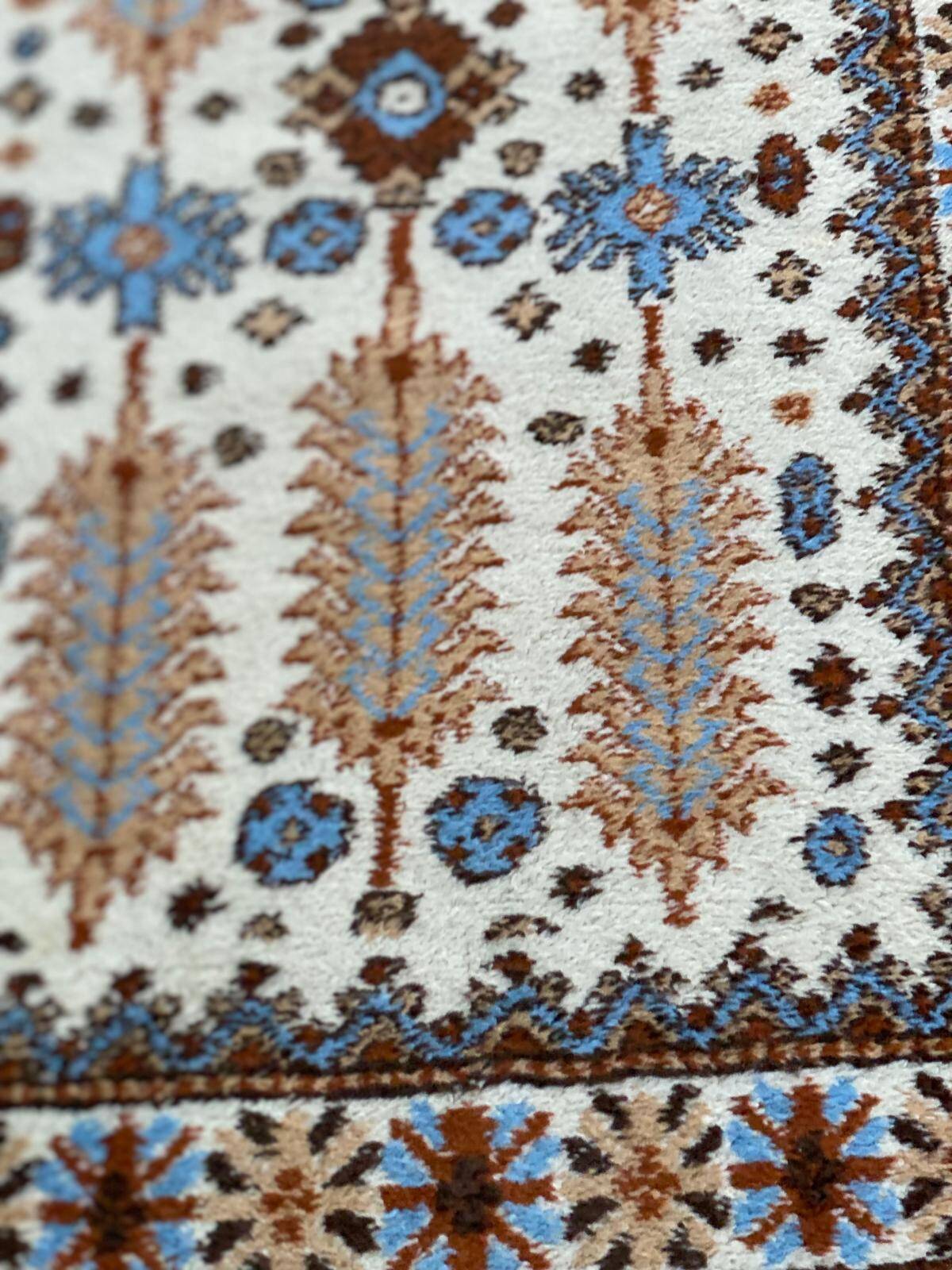 Long Persian rug in knotted wool, burgundy blue, flowers, handmade 300x90