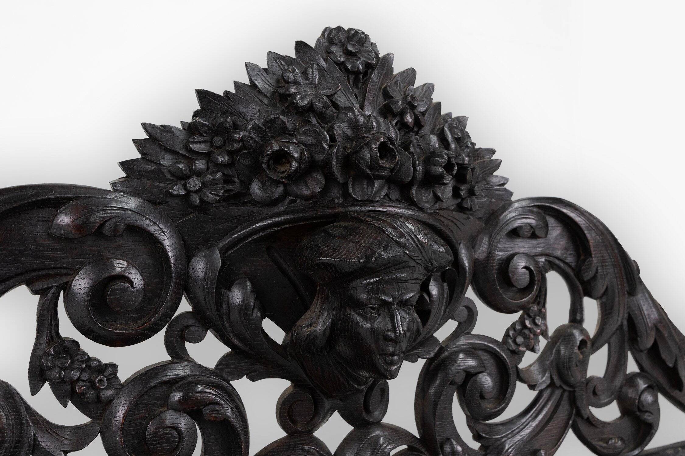 Baroque Richly Carved Black Wooden Sculptured Shelf, France, 1850s