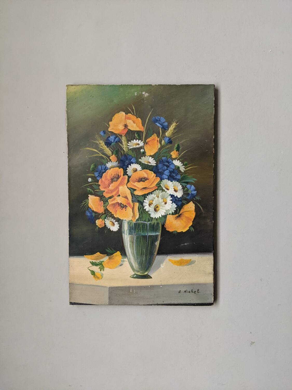 Antique still life painting, bohemian country decor, floral bouquet