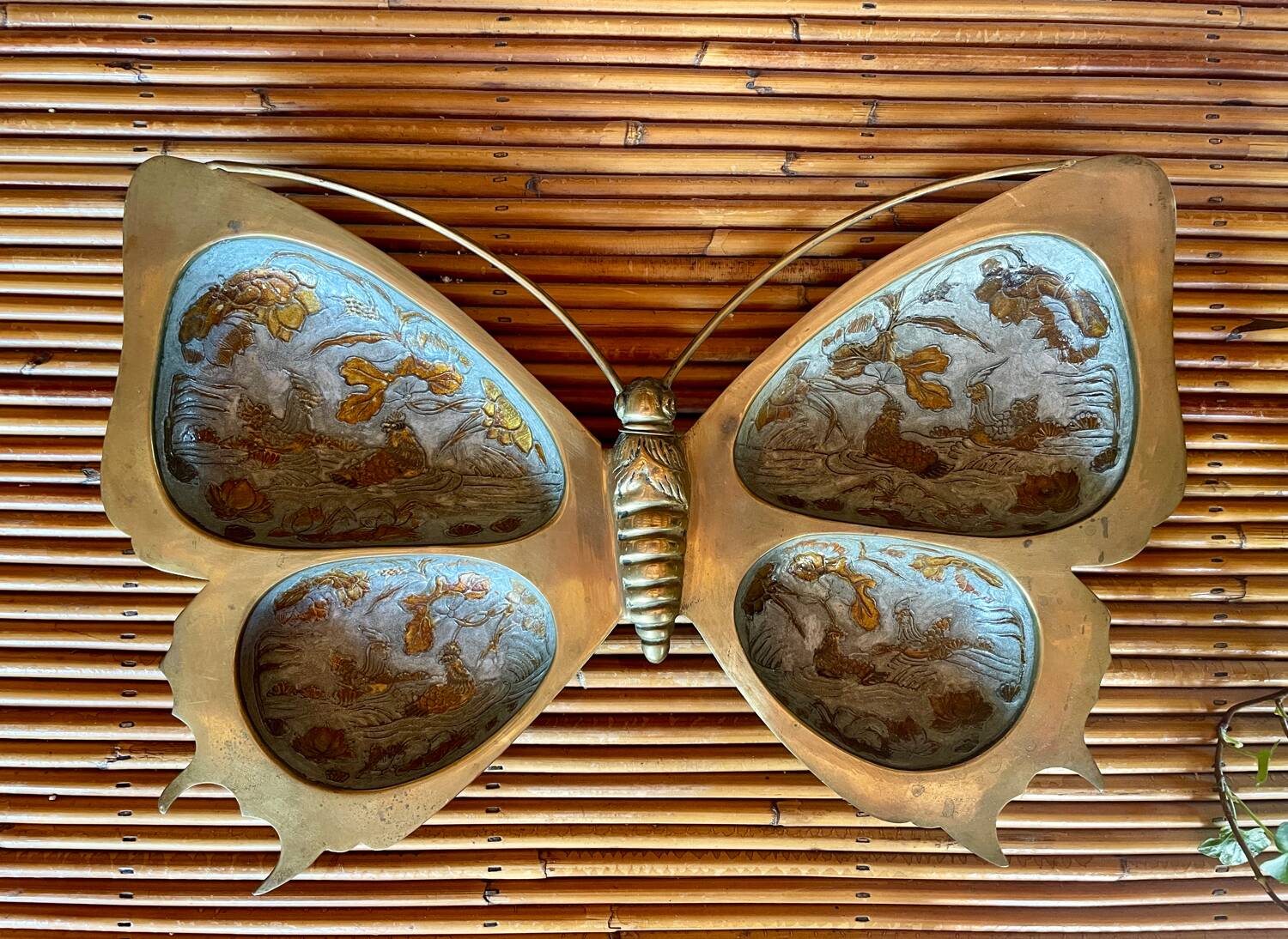 XL butterfly-shaped brass cloisonné trinket tray