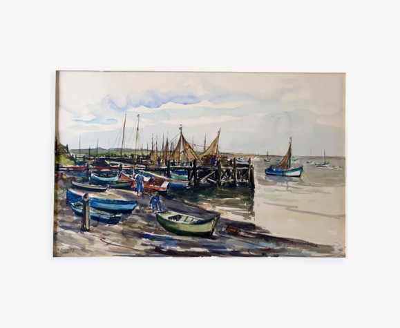 Aquarelle sur papier "L'Aiguillon sur mer (Vendée)" Signée en bas à gauche André Duculty (1912-1990)