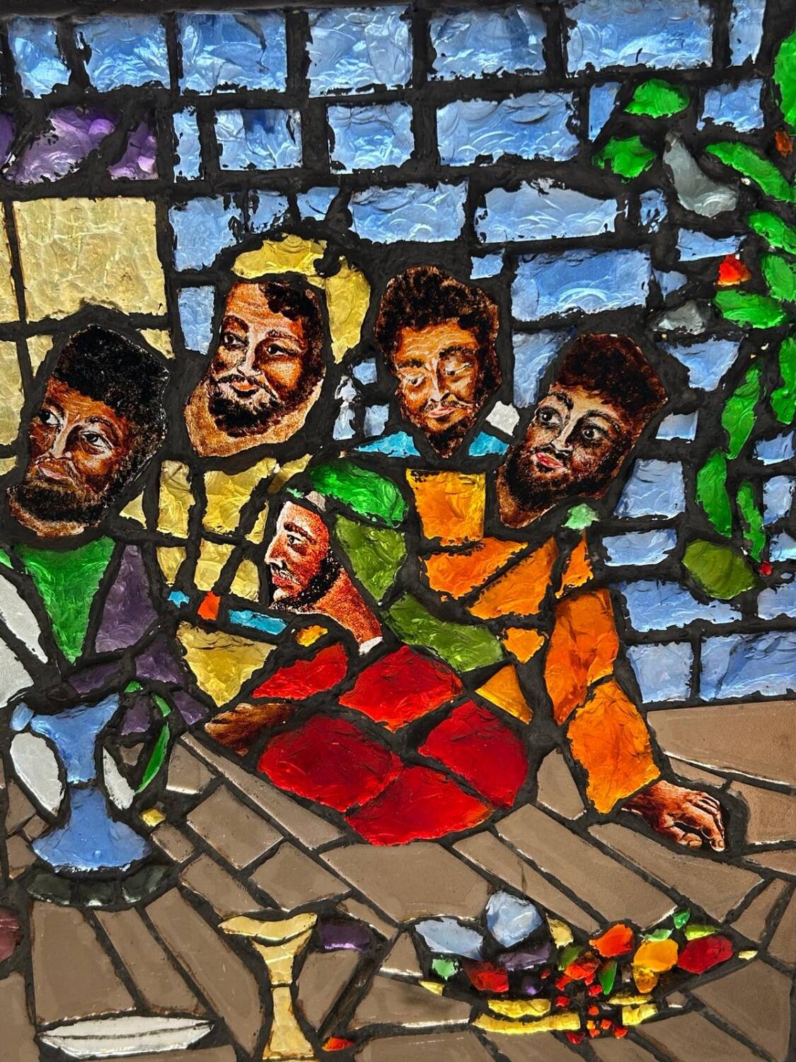 Large stained glass window the last supper circa 1960 - raw glass blocks - h 119 x l 161 cm