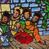 Large stained glass window the last supper circa 1960 - raw glass blocks - h 119 x l 161 cm