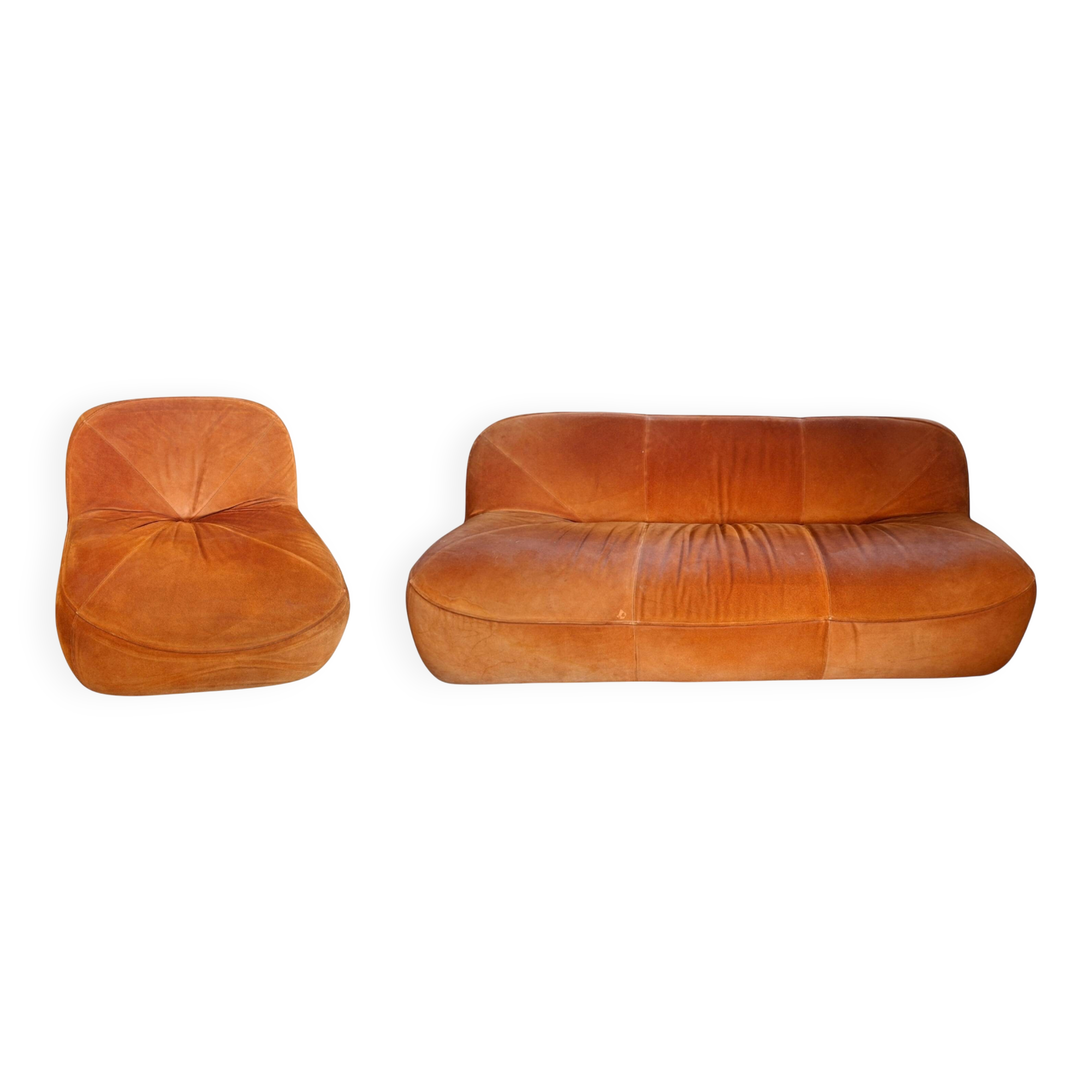 Set Vintage Anni '70: Divano 3 Posti + Poltrona in Velluto Arancione