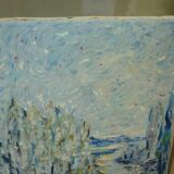 Tableau huile sur toile barque dans paysage enneigé