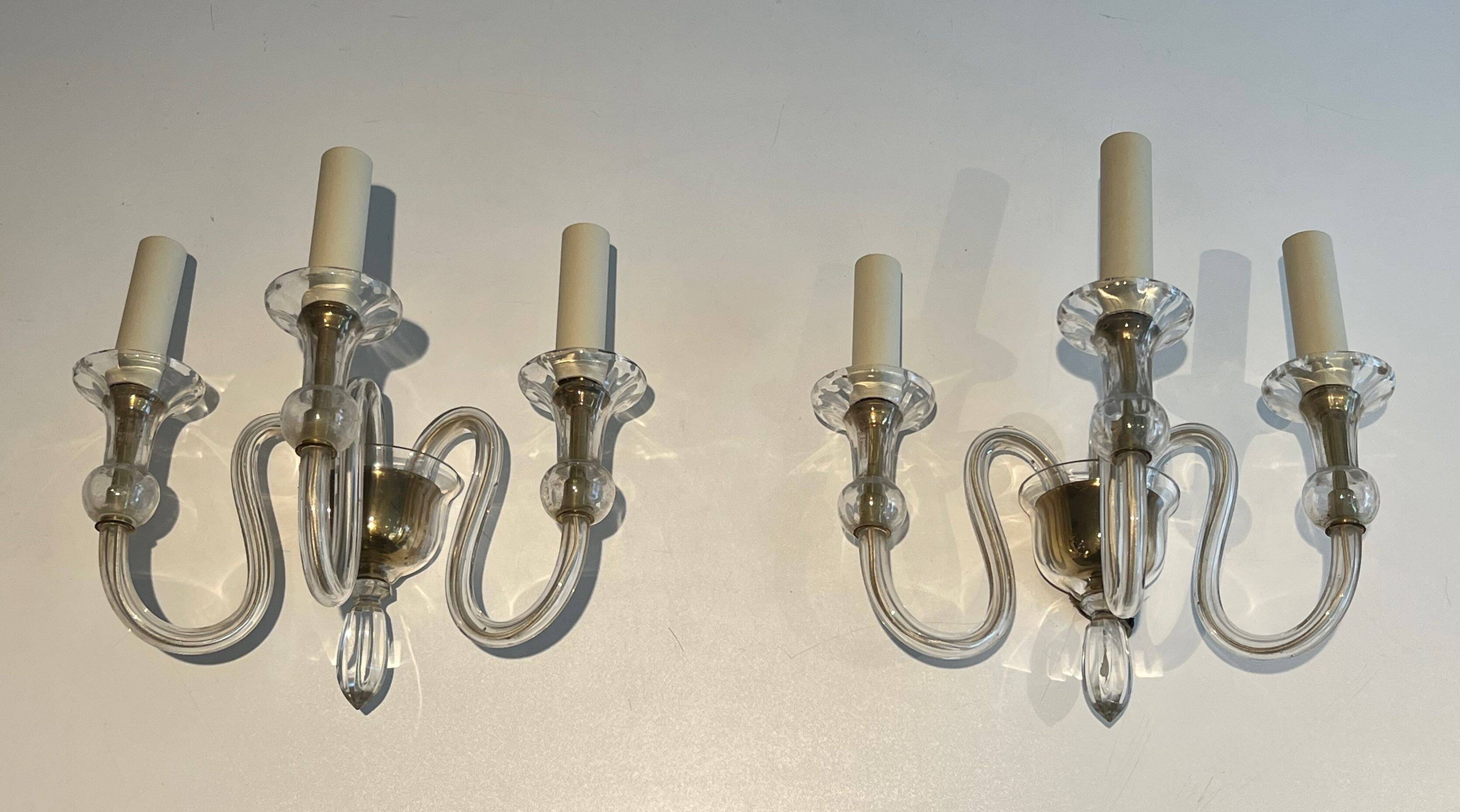 Pair of Murano crystal wall lights with 3 arms.