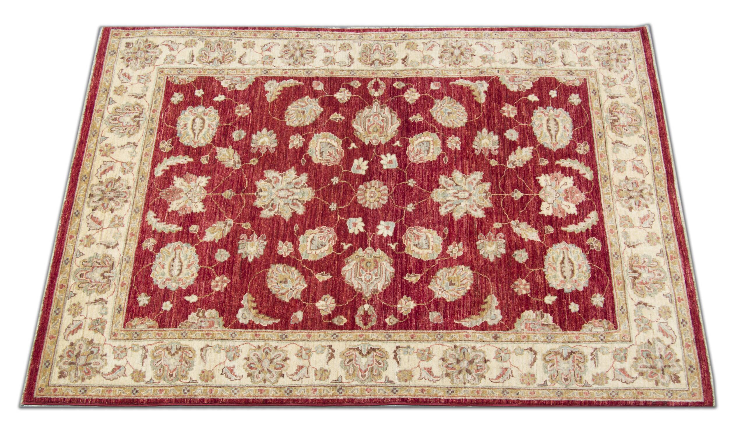 Tapis Zeigler en laine rouge fait main, motif floral, pour salon et séjour, 144 x 190 cm