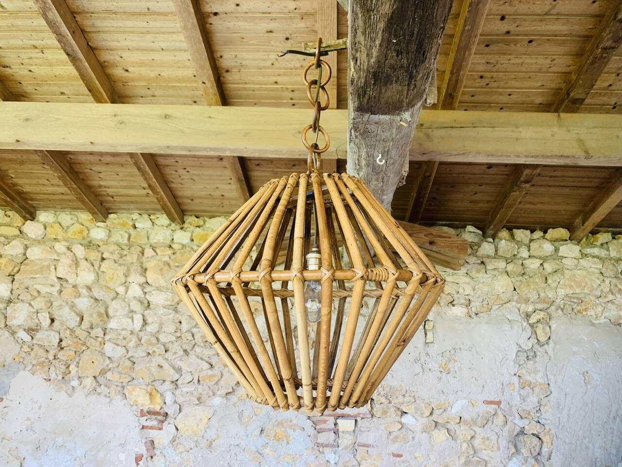 Large vintage pendant light in bamboo and rattan, circa 1960's