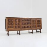 Buffet brutaliste espagnol en bois massif et marbre