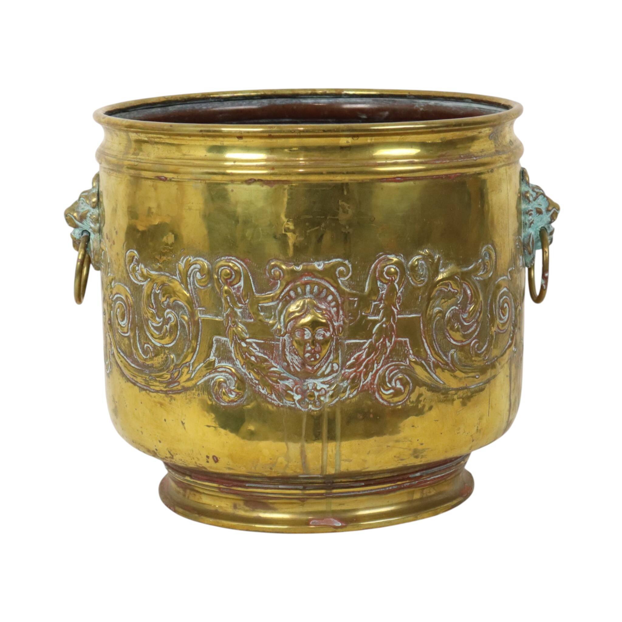 Large Brass Planter Jardinière Firewood Repoussé ca 1900