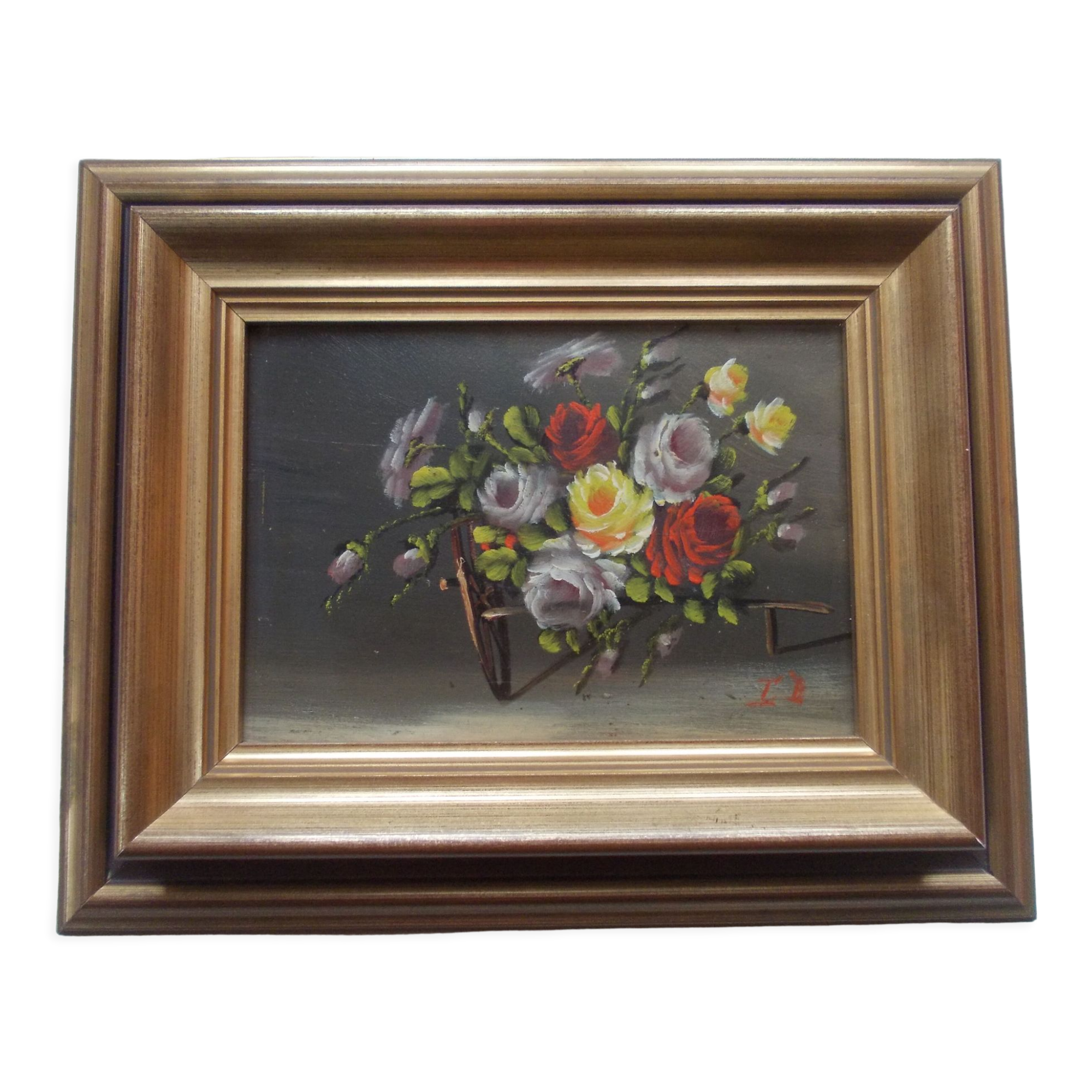 PAINTING oil painted on wood BOUQUET OF ROSES signed C.P., pretty frame ARTEMIS 1975, still life, CP