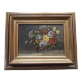 PAINTING oil painted on wood BOUQUET OF ROSES signed C.P., pretty frame ARTEMIS 1975, still life, CP
