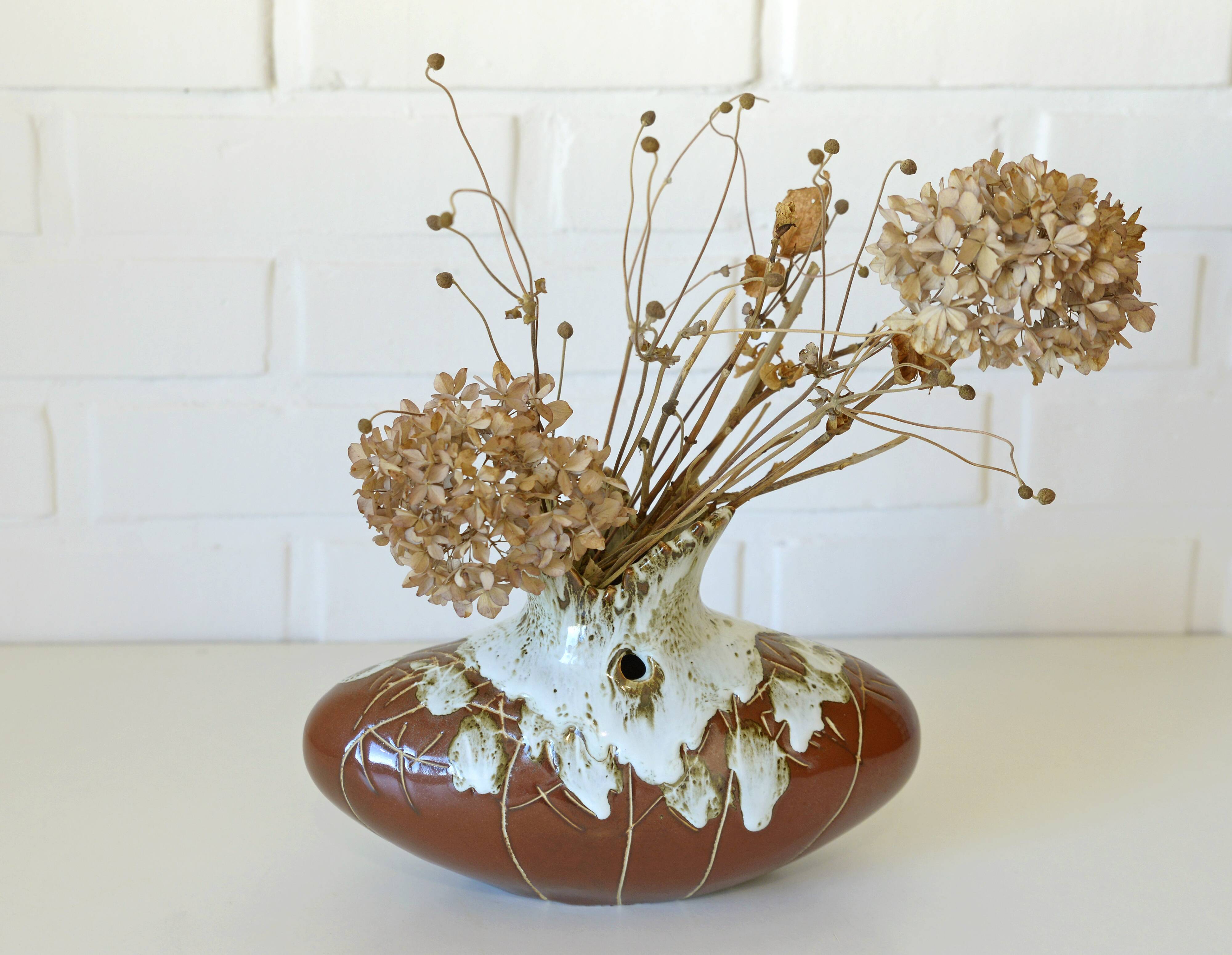 Vintage Brown Bud Fat Lava Ceramic Flower Art Vase Handmade Home Decor 1970