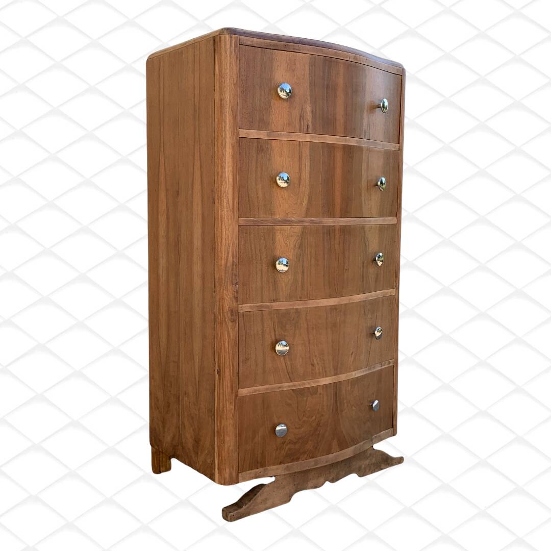 High art deco chest of drawers with mustache feet in raw walnut, 1930s