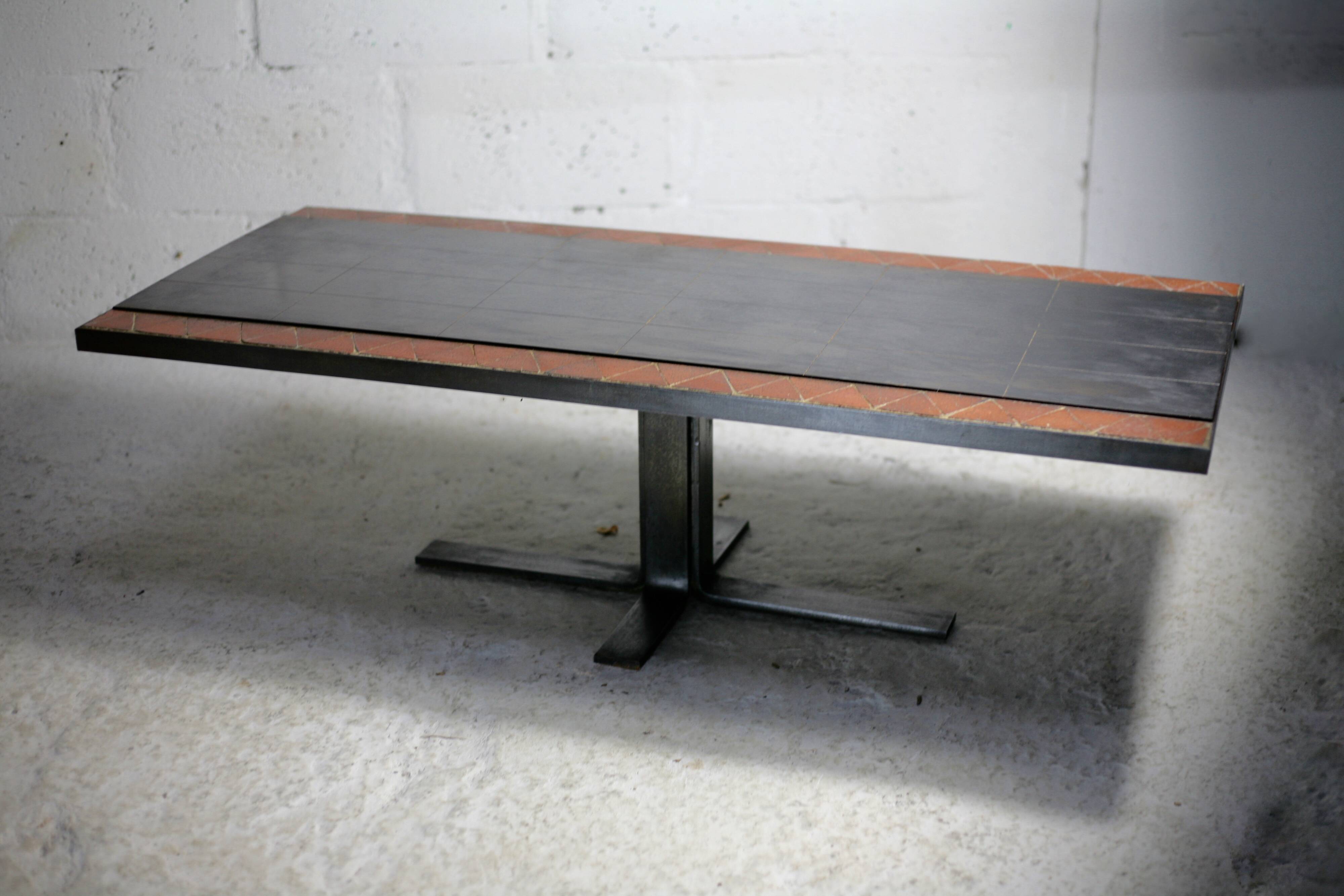 Coffee table, ceramic and steel plates, circa 1960.