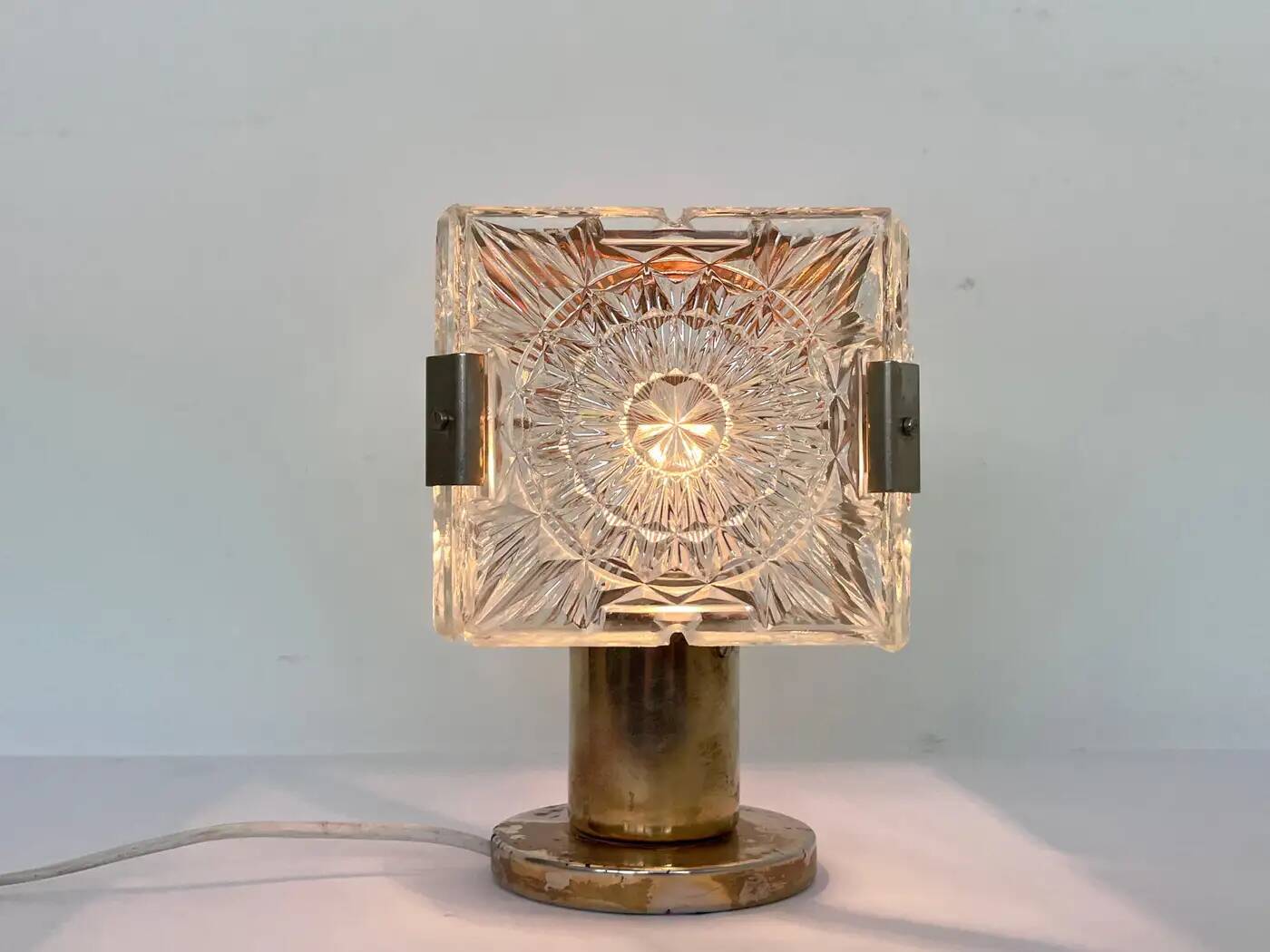 Design table crystal glass brass lamp by Kamenicky Senov, 1970s