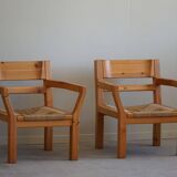 Tage Poulsen, a pair of brutalist chairs in pine and cord, Danish modern style, 1970s.