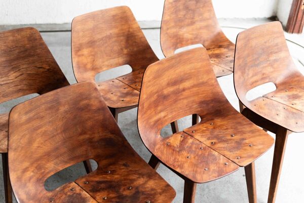 Ensemble de 6 chaises de salle à manger 'Tonneau' par Pierre Guariche