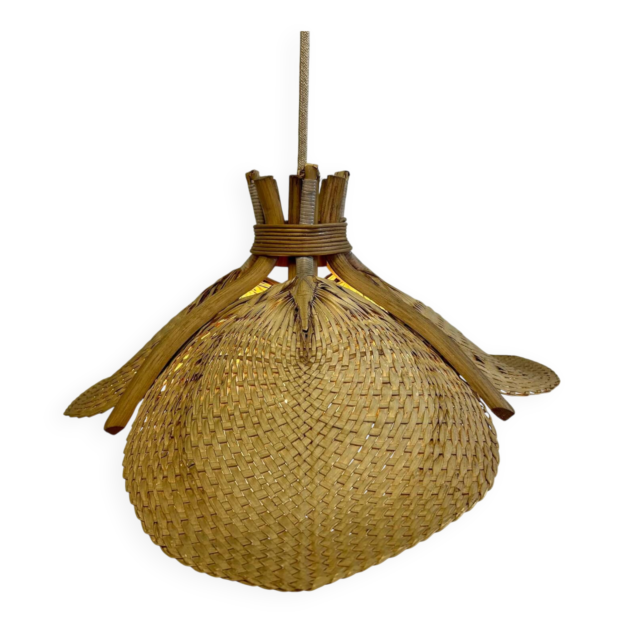 Suspension éventail en raphia tressé, Allemagne, années 1950 - possiblement Ingo Maurer