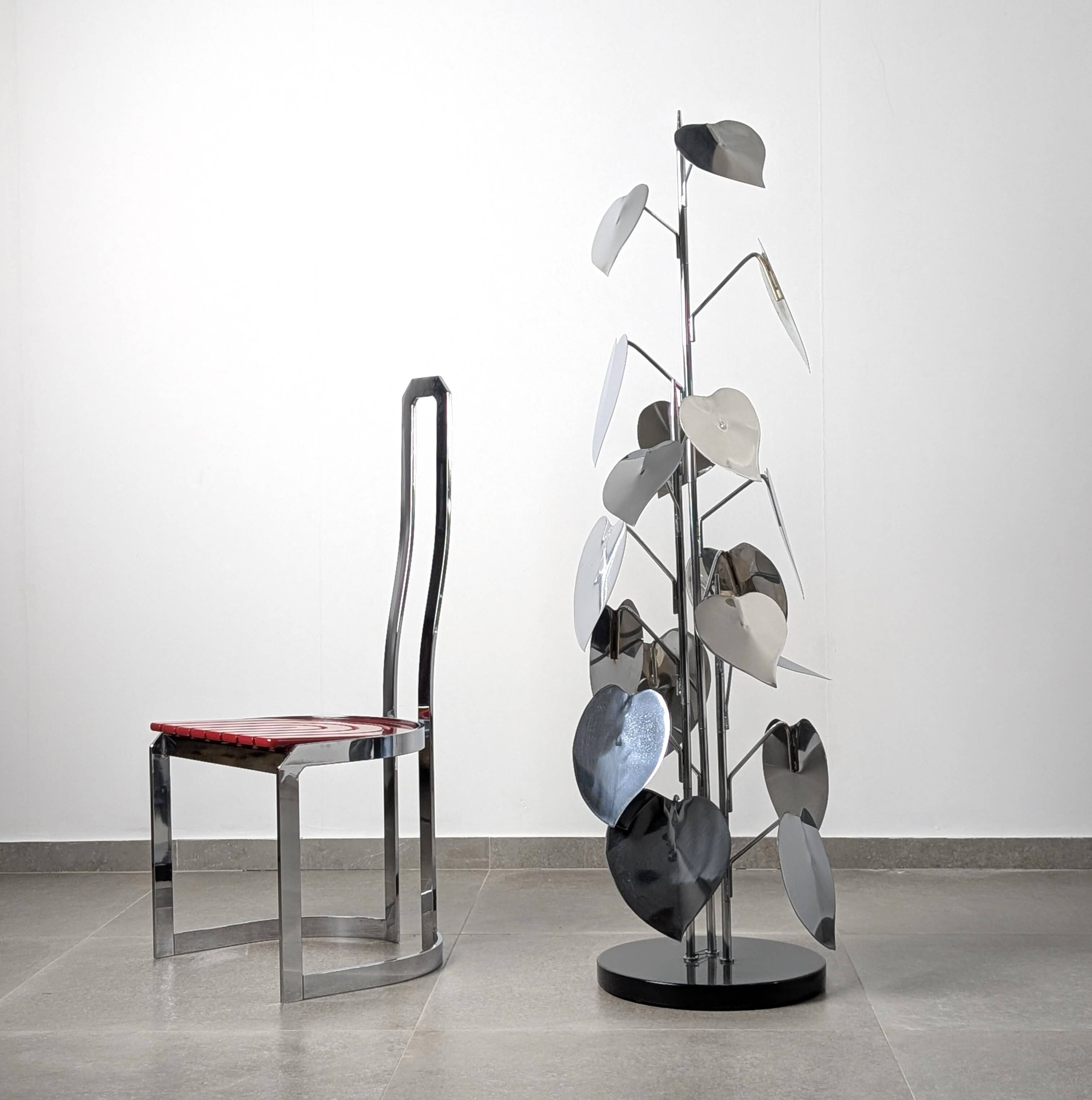 Standing sculpture with chrome leaves and circular base, 1970s