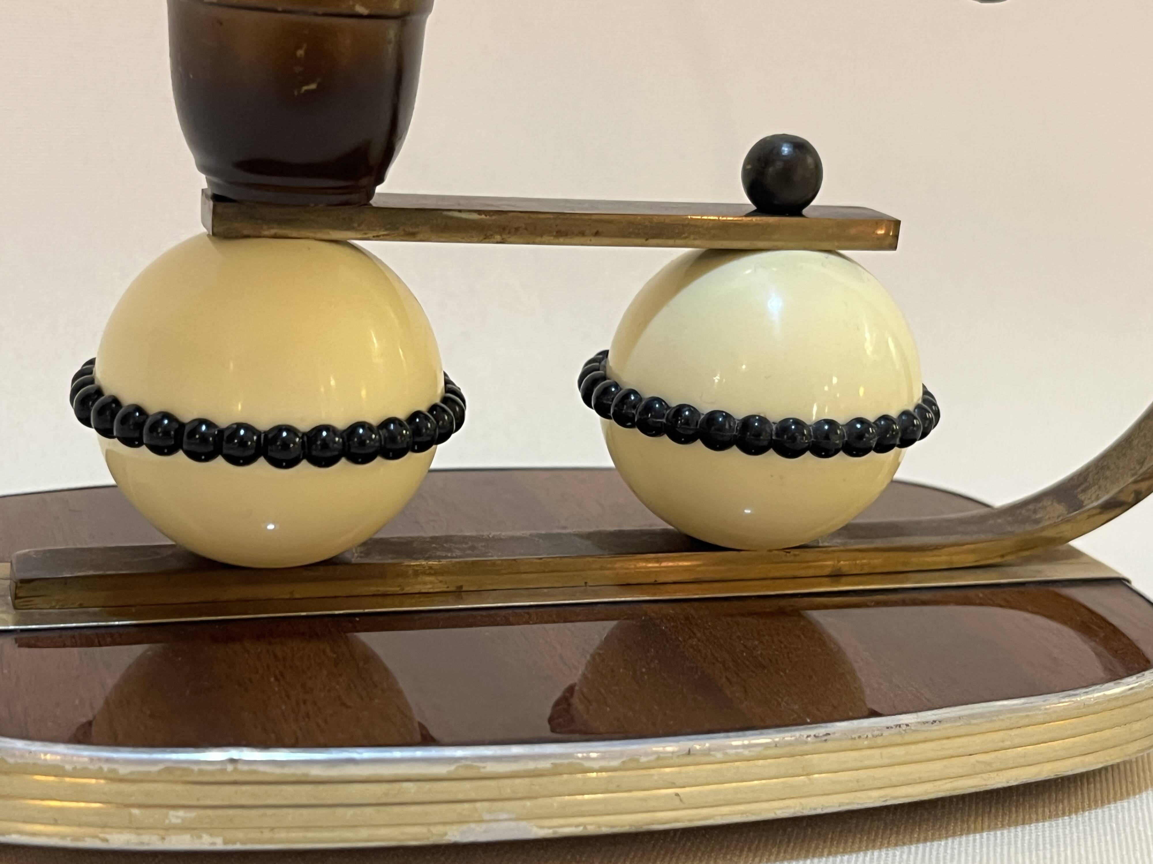 Ancien bougeoir Art Déco double laiton bois celluloïd 1930 vintage moderniste