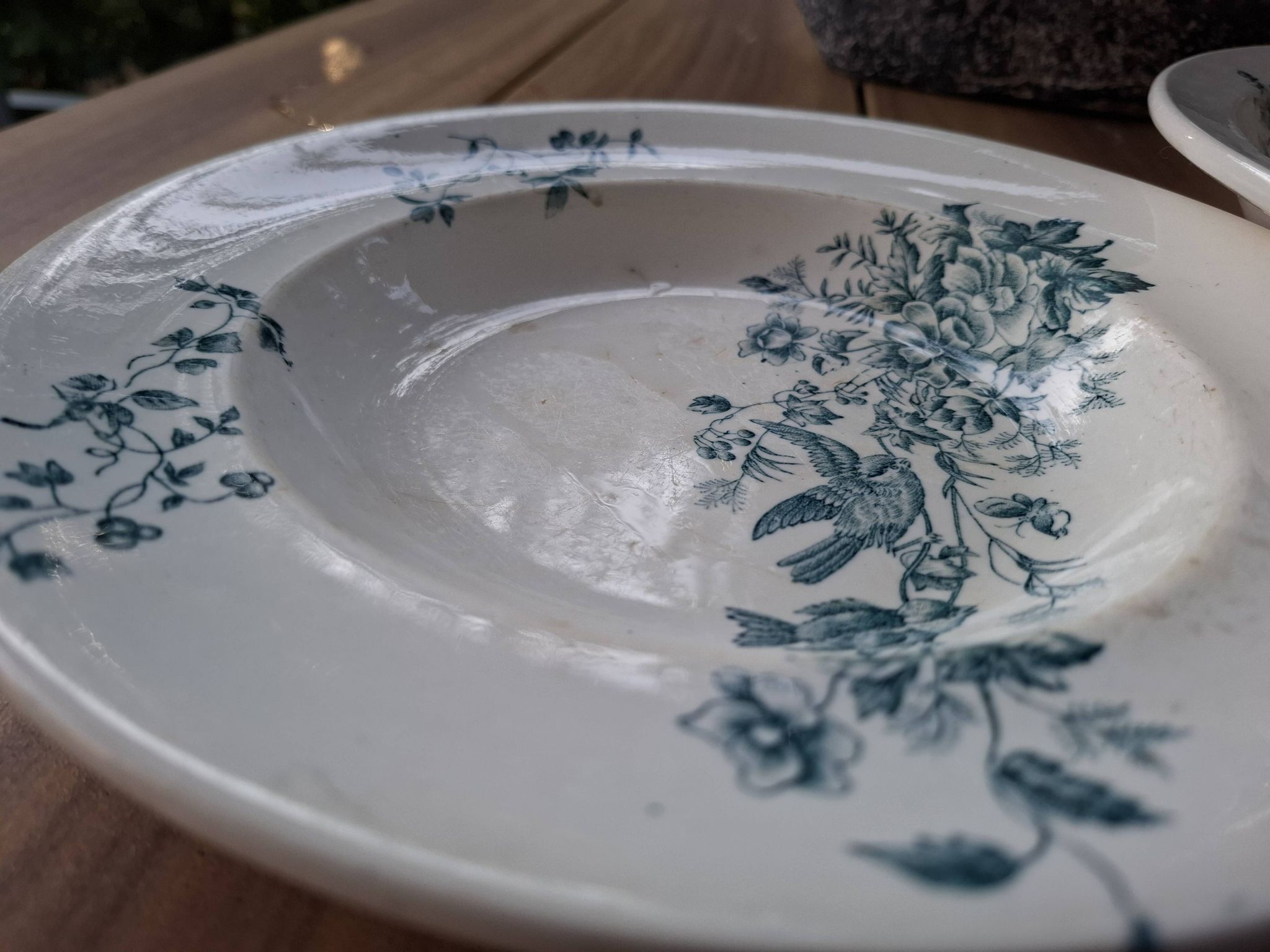 Old set of 2 terre de fer longwy dishes – bird and flower decoration