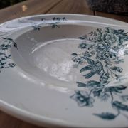 Old set of 2 terre de fer longwy dishes – bird and flower decoration