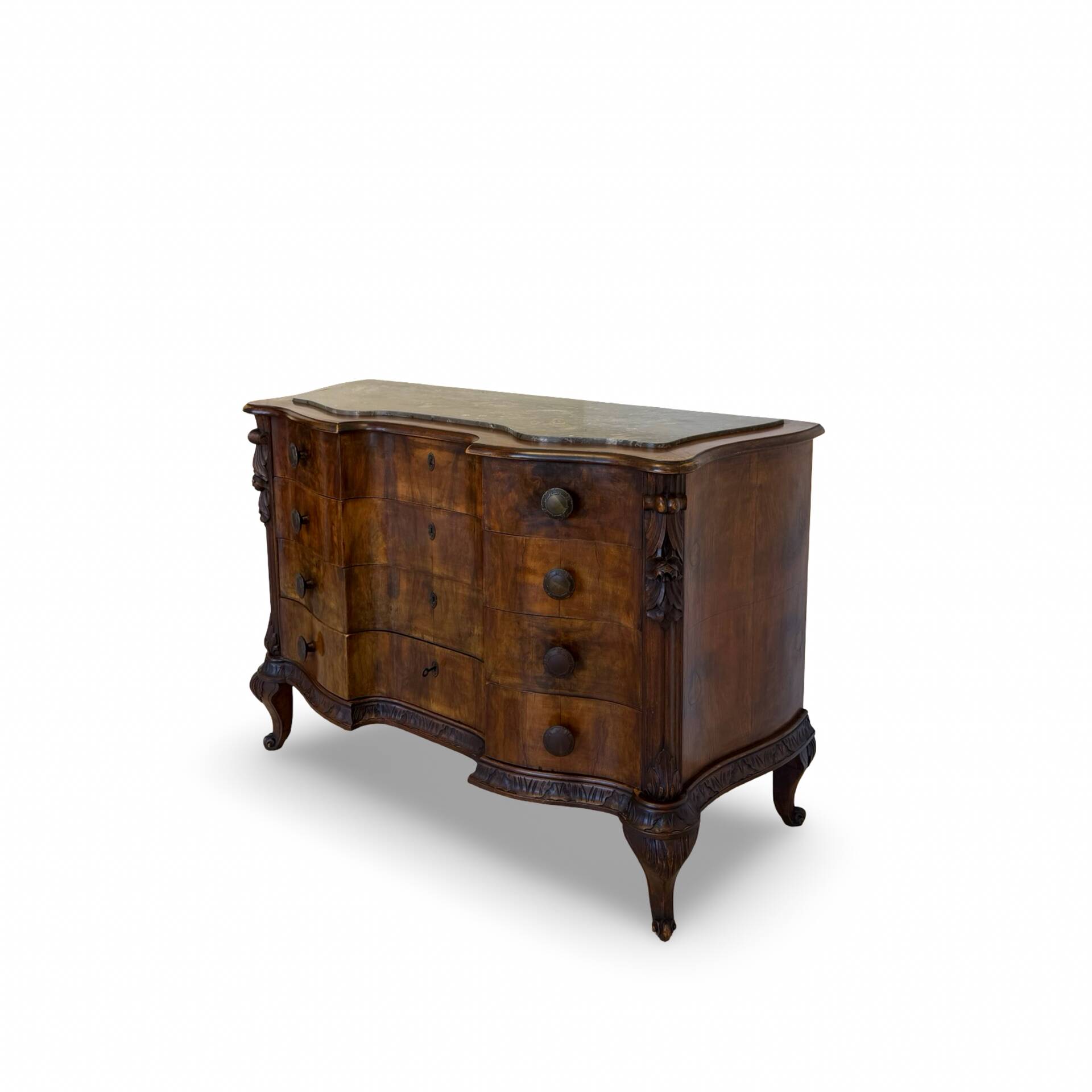 serpentine commode in antique walnut