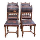 4 Henri II chairs in solid wood and leather from the 19th century.