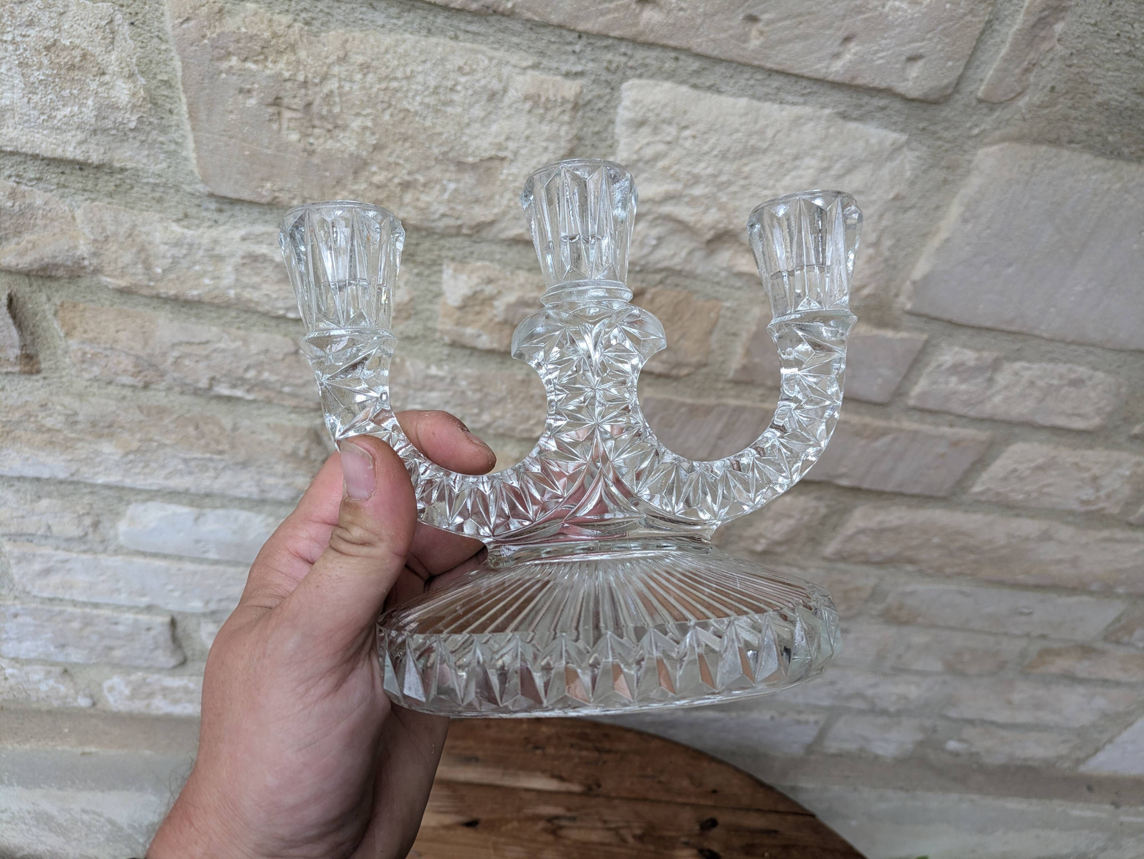 Antique molded glass candle holder for 3 taper candles