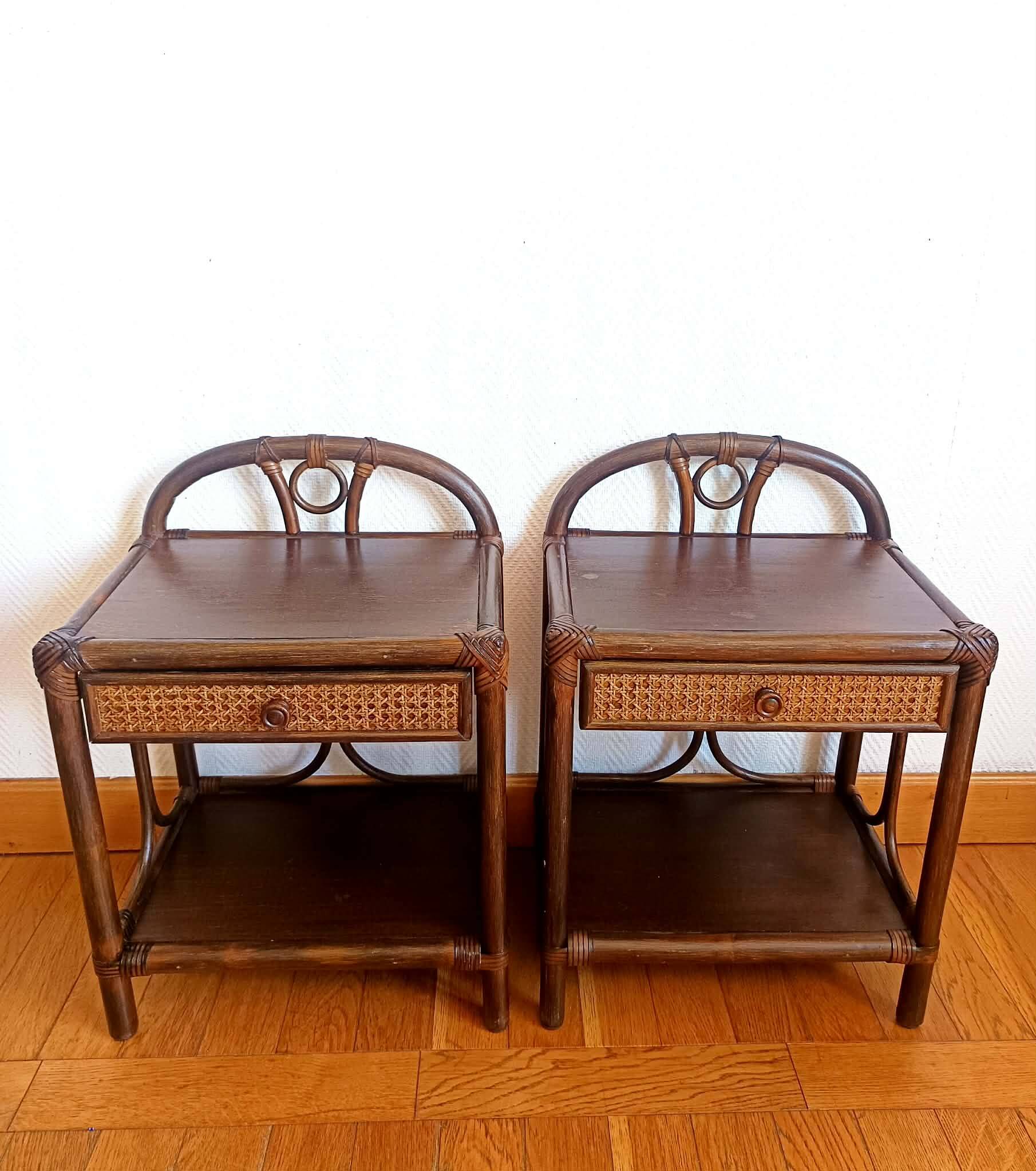 Pair of vintage 1960s rattan bedside tables