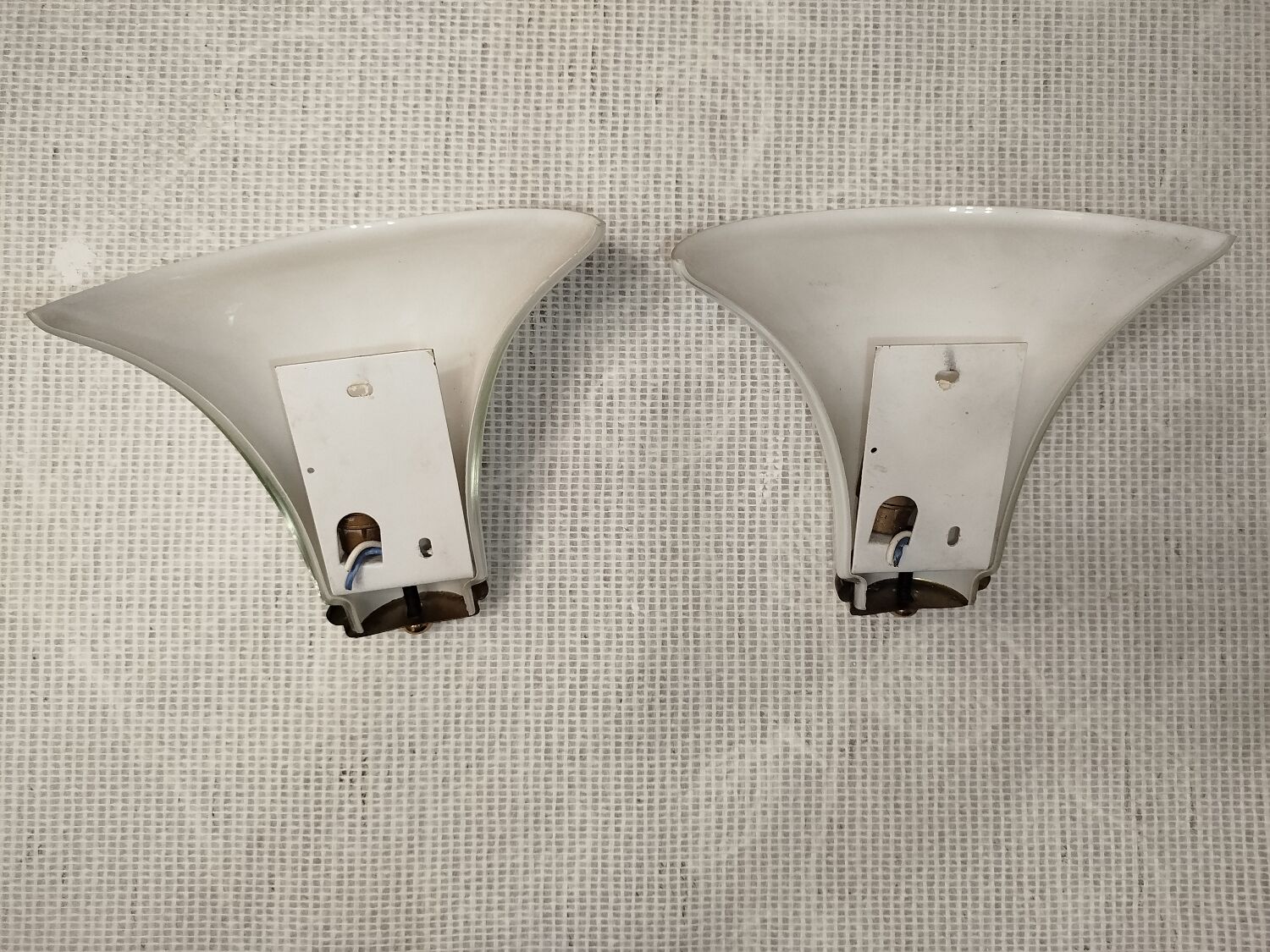 Pair of Italian wall sconces, frosted glass, brass.