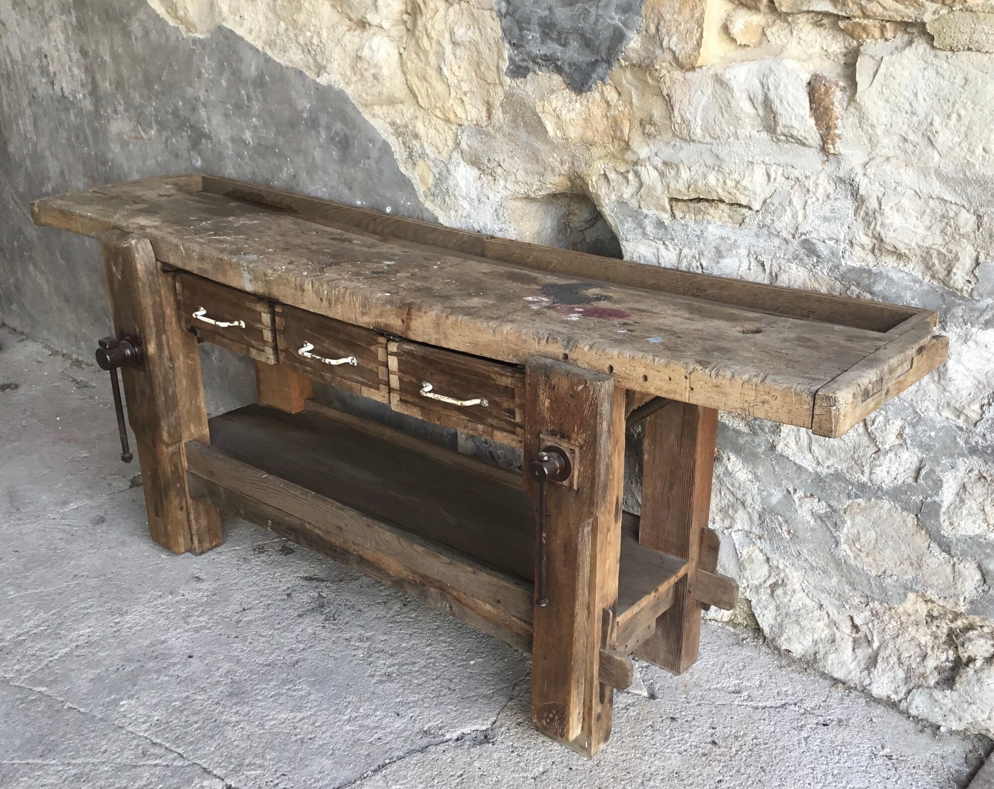 Solid oak workbench with stalls and drawers - 20th century