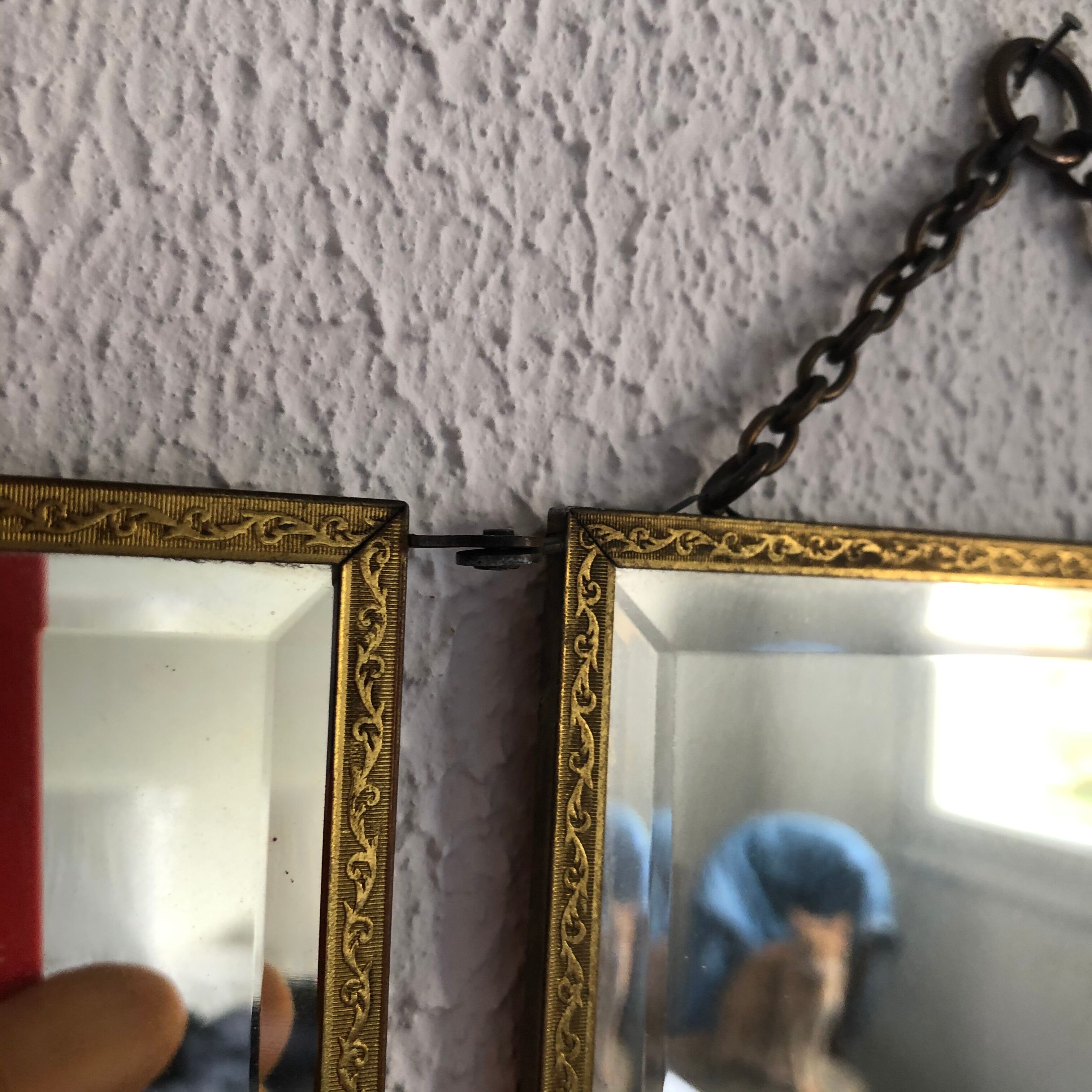 Vintage brass bevelled triptych mirror 1900 - 21 x 49 cm