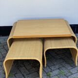 Pine wood and ratan table with 2 ottomans