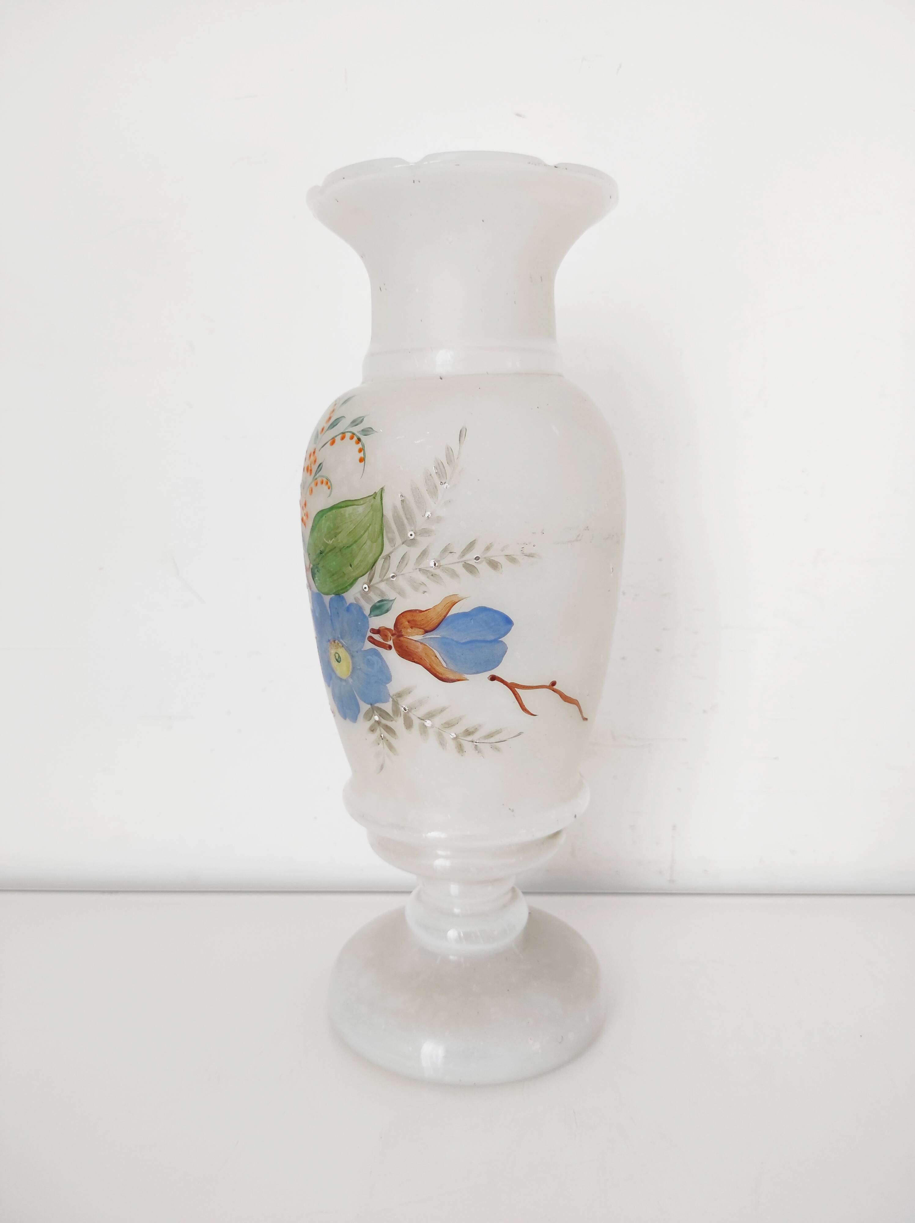 Opaline glass vase with hand-painted flowers, 1900
