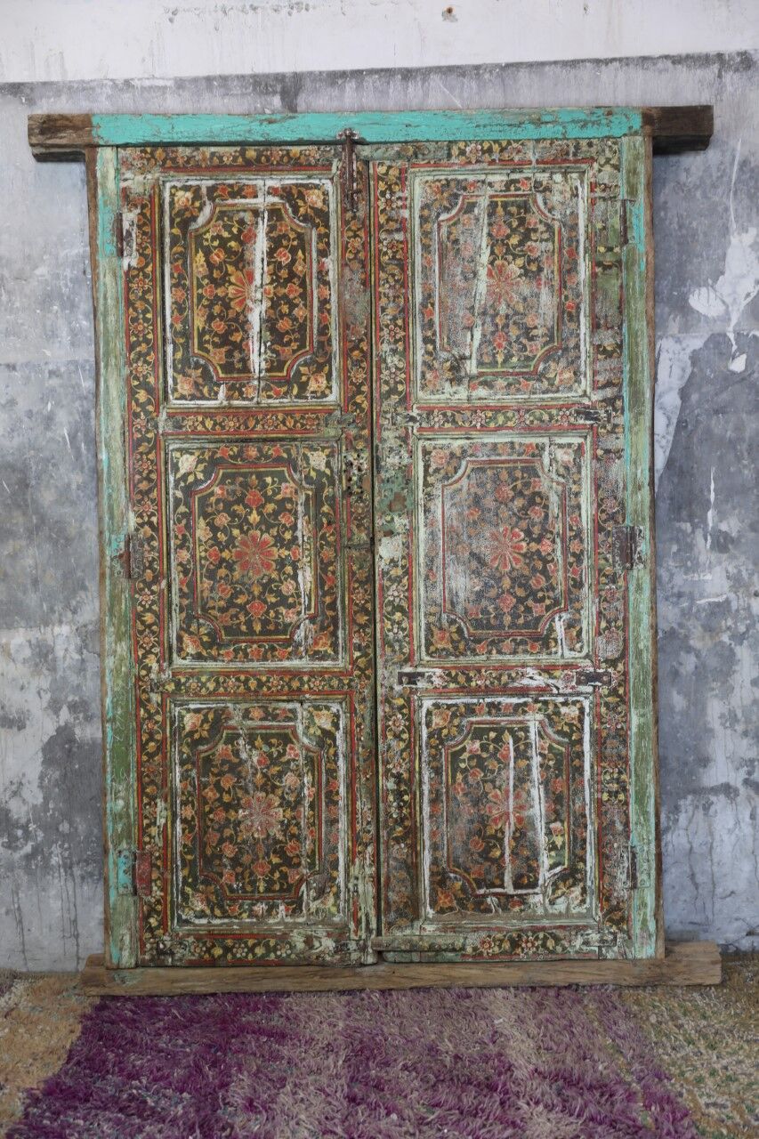 Indian door with frame, hand-painted floral motifs