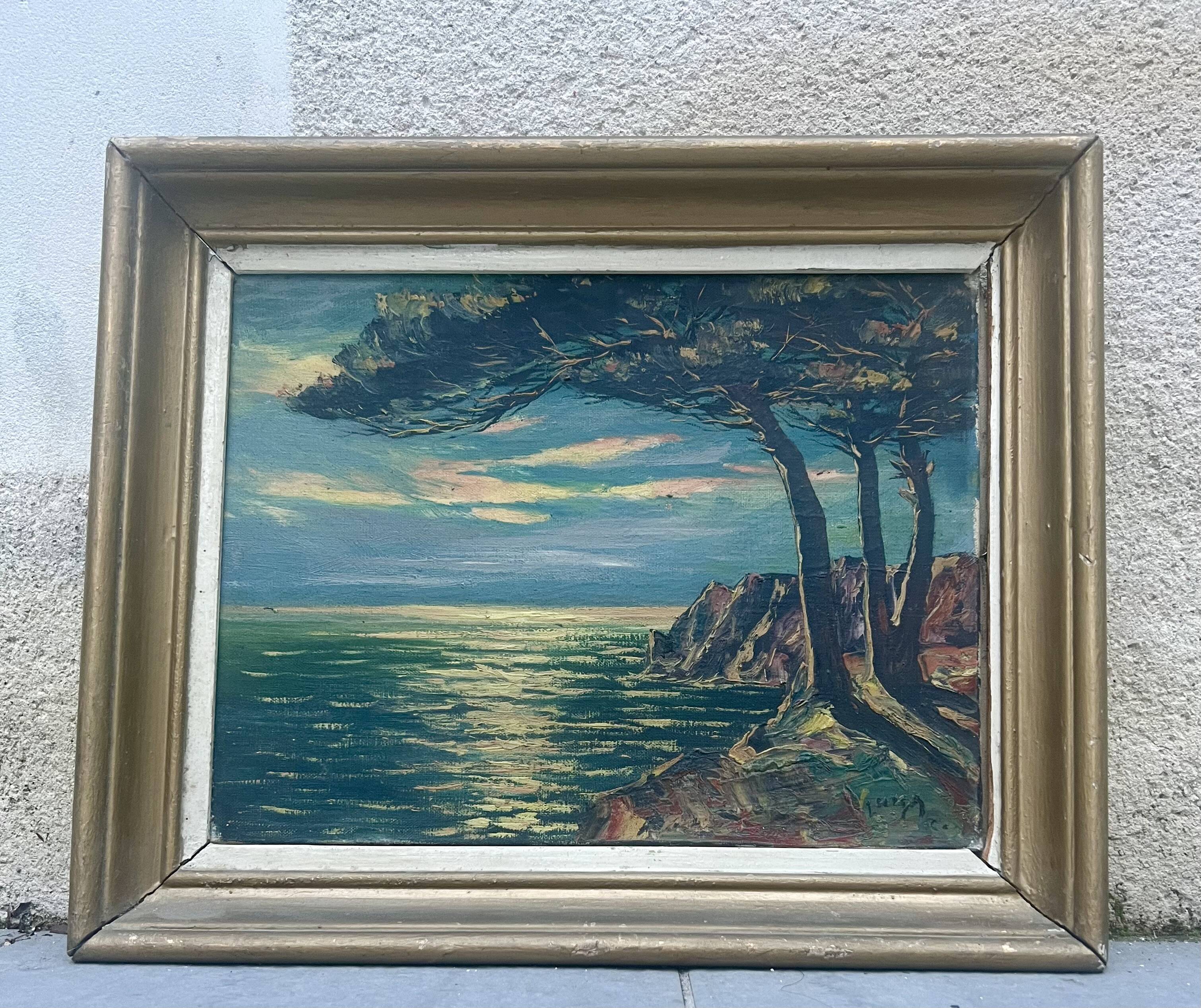 Old Oil Painting / Seaside Marine Panel Signed