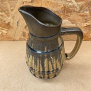 Antique Barrel Shaped Pitcher Glazed Stoneware Beige & Blue Vintage Service