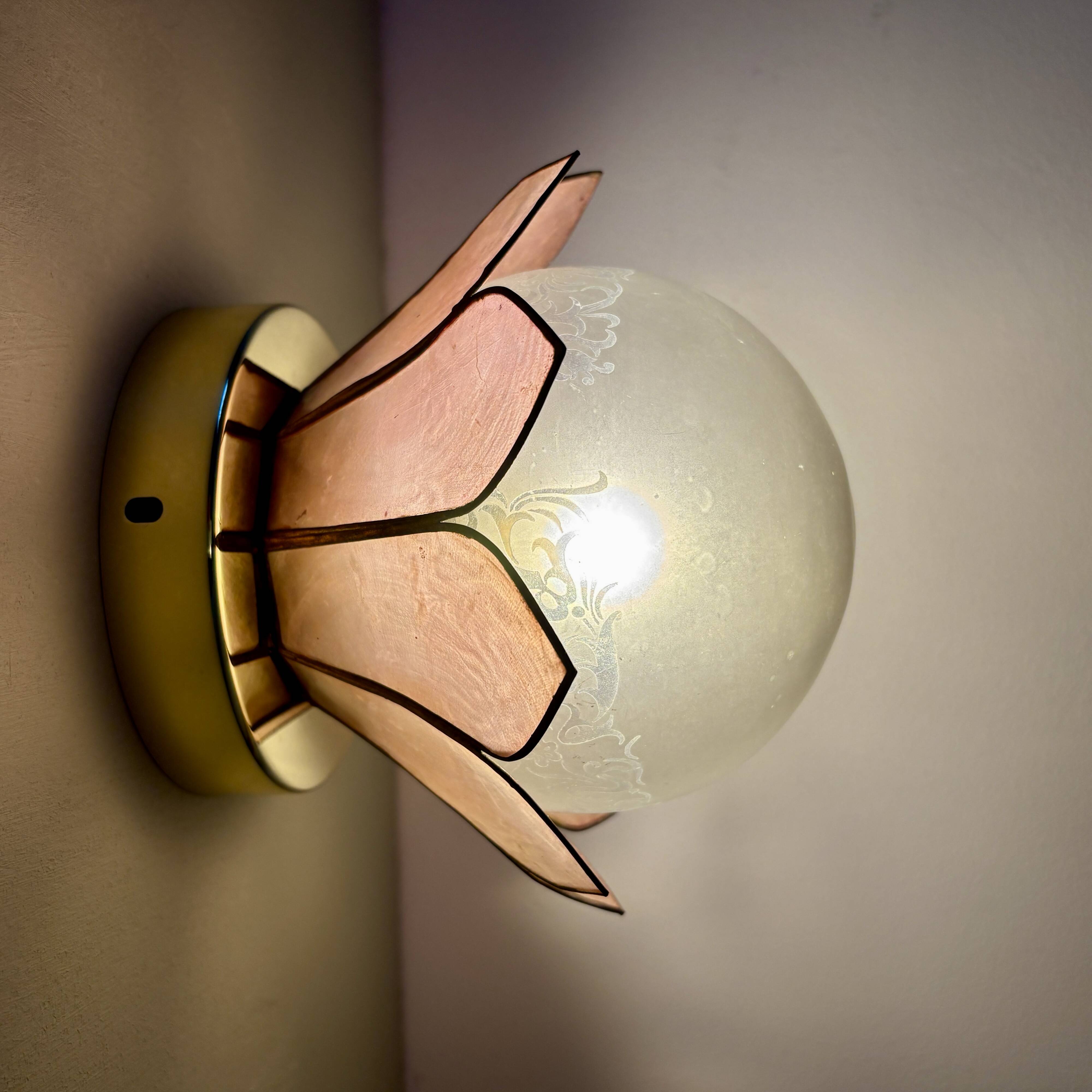 Vintage pink mother-of-pearl wall lamp with frosted glass globe