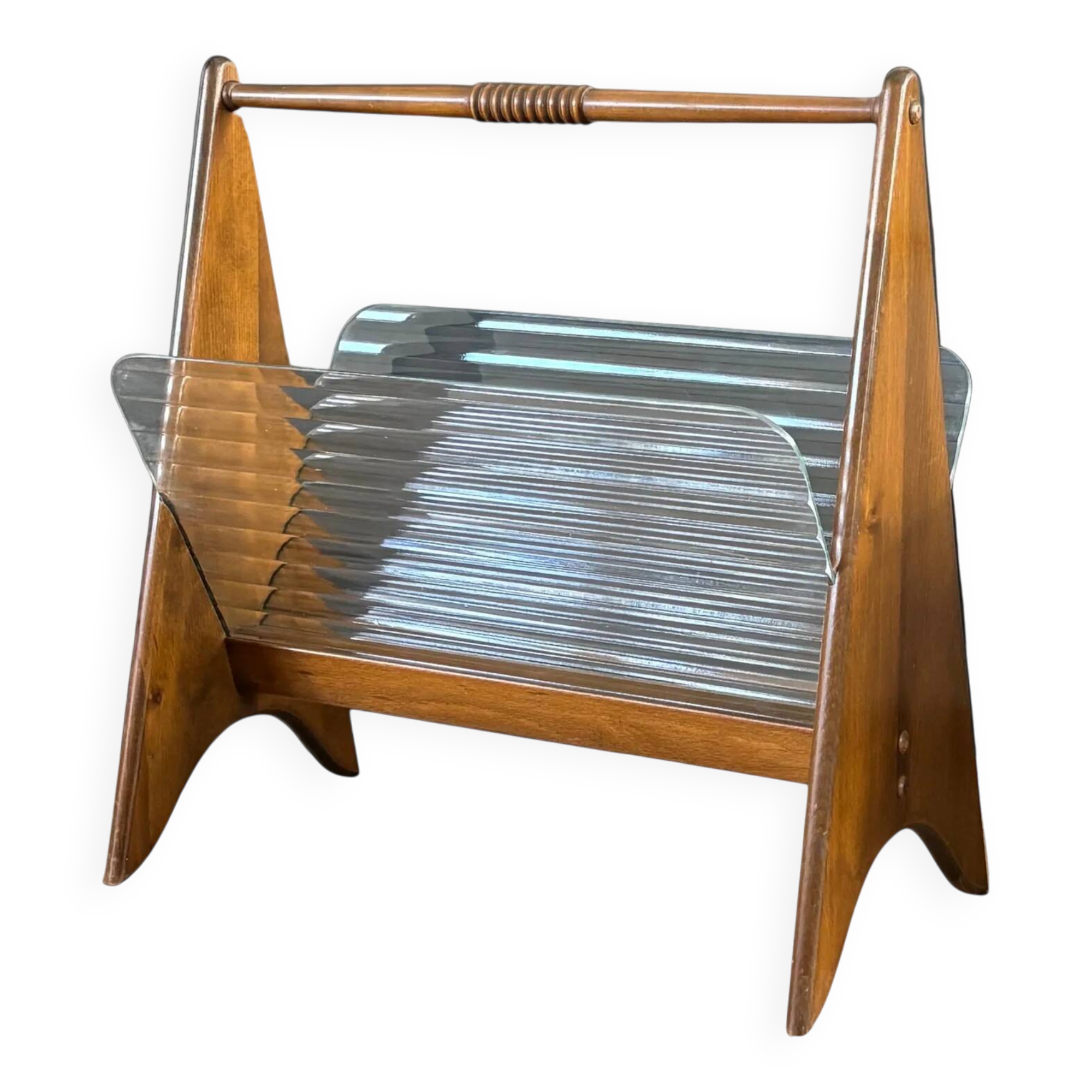 Canelé glass and wood magazine rack - 1950s