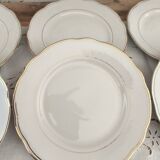 Set of 6 small white porcelain dinner plates with gold trim