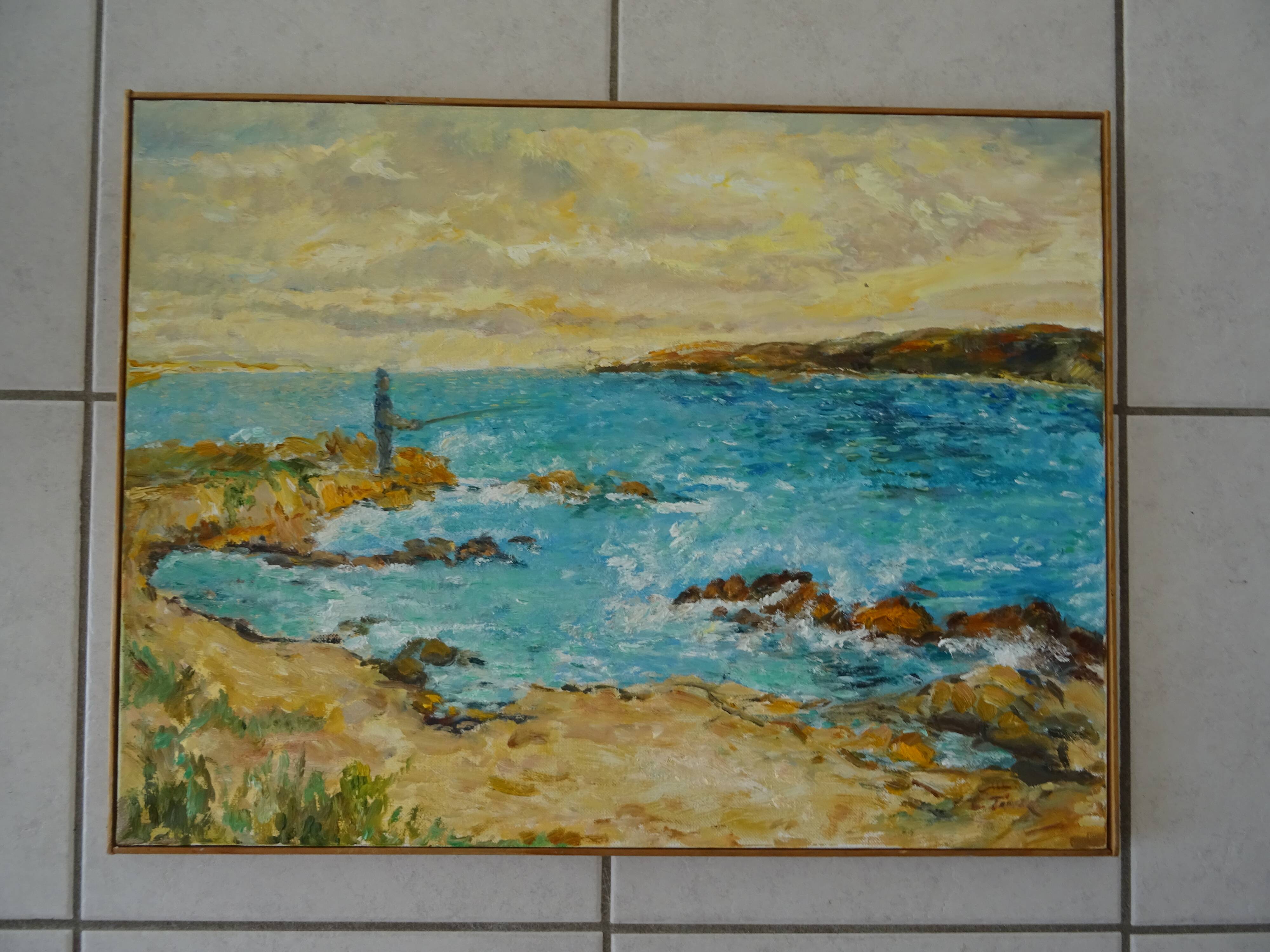 Seaside fisherman painting oil on canvas signed
