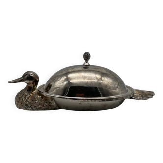 Plateau à foie gras en métal argenté avec cloche figurant un canard